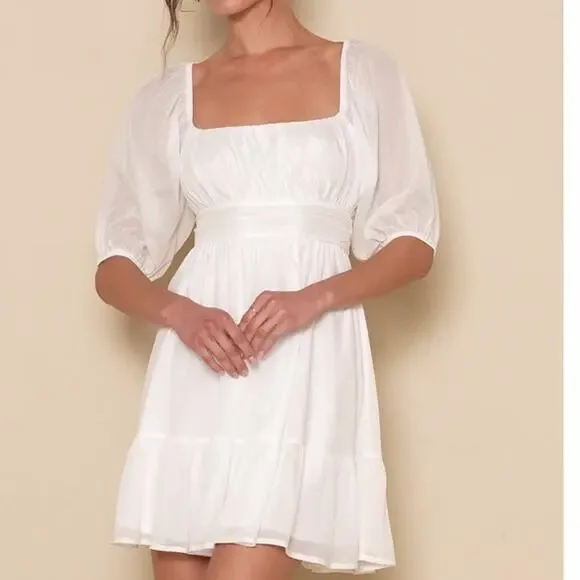 Lulus Ethereal Arrival White Puff Sleeve Tie-Back Chiffon Dress size XL NWT - Picture 3 of 14